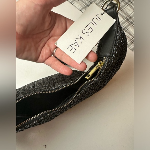 Jules Kae Zola Black Straw Moon Shaped FauxVegan Leather Braided Strap Purse NWT - Picture 14 of 16